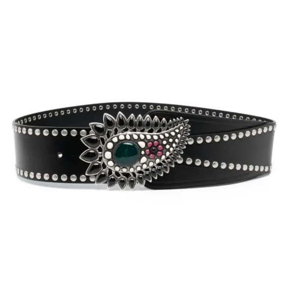 ISABEL MARANT Aliette Black Studded Leather Belt with Stone Accents NEW - 75cm